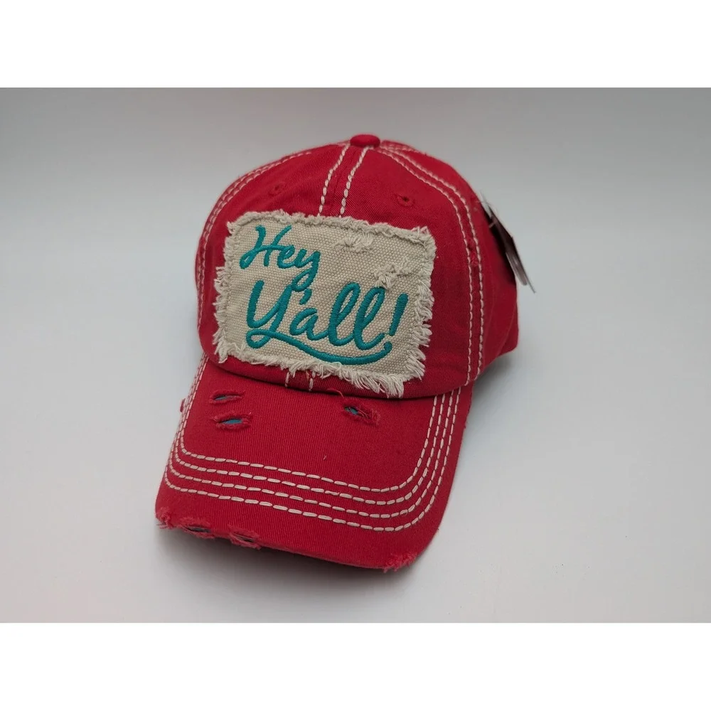 Hey Yall Distressed Vintage Southern Hat Stitch Baseball Cap Women OS Red NWT